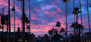 Brilliant pink, orange to blue/purple sunset reflected on clouds over Scottsdale Old Town Main Street with yellow lights wrapping the palm trees.