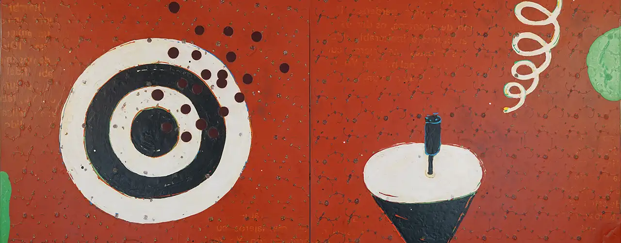 Detail of the painting America Ephemeris by John Randall Nelson featuring a patterned red background with a bullseye covered in holes and abstract shapes in mainly white and black.
