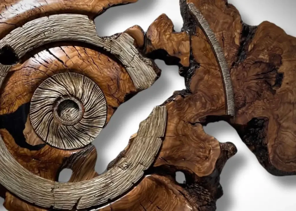 Flat turned wood burl wall scuplture with organic negative space where the wood had natural cavities.